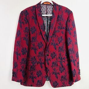 Tallia Burgundy & Navy Blue Floral Vintage Style Satin Lined Brocade Blazer 44L